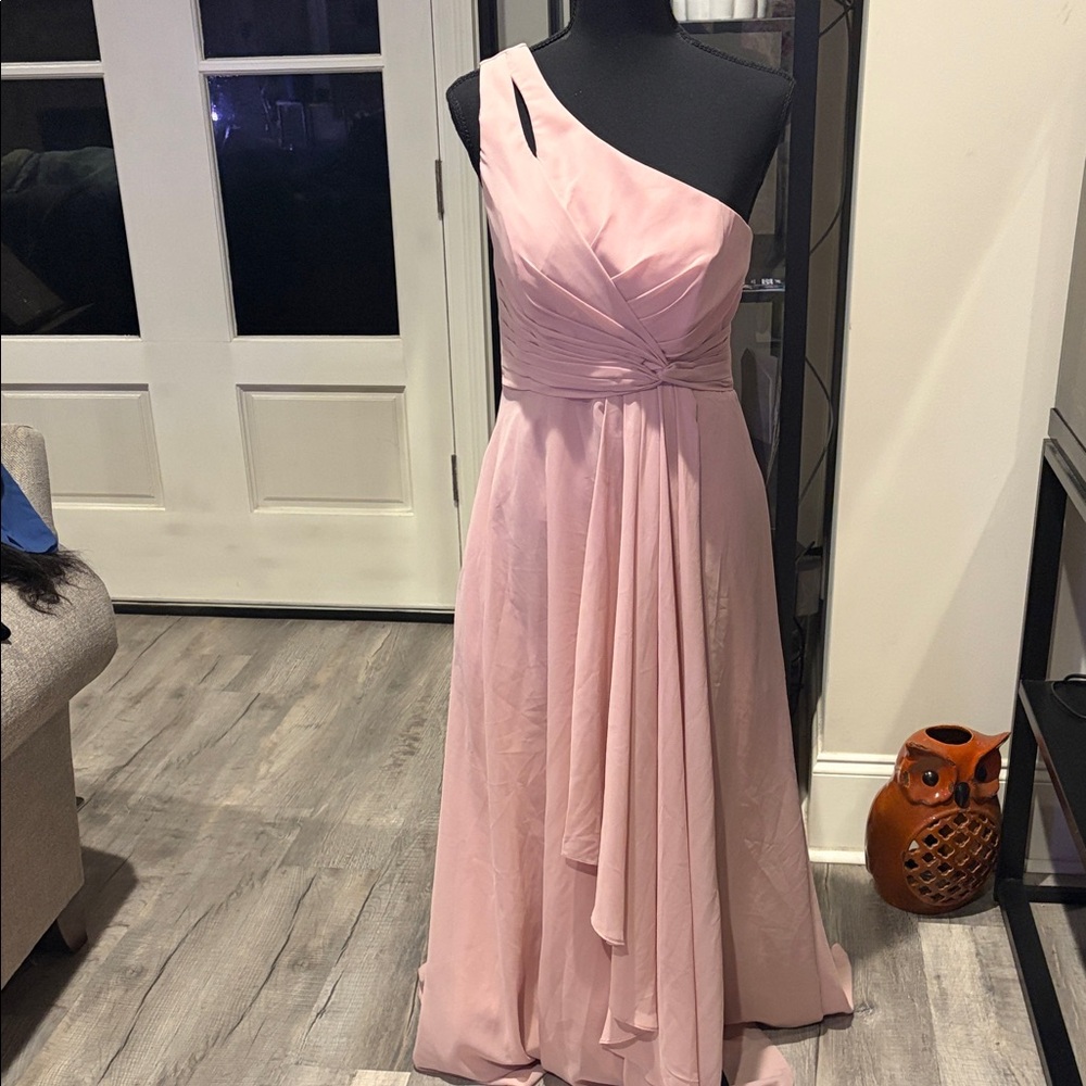 Chiffon One Shoulder Bridesmaid Dress with Pleated Bodice Long A Line with Slit